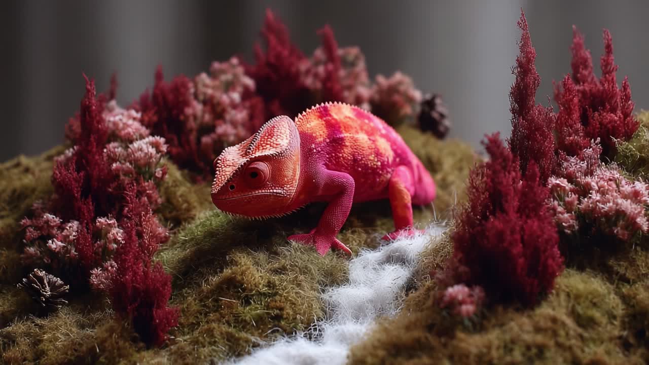 A Vibrant Chameleon Navigates its Lush Habitat, Showcasing Its Colorful Patterns Against a Backdrop of Rich Vegetation and Natural Elements