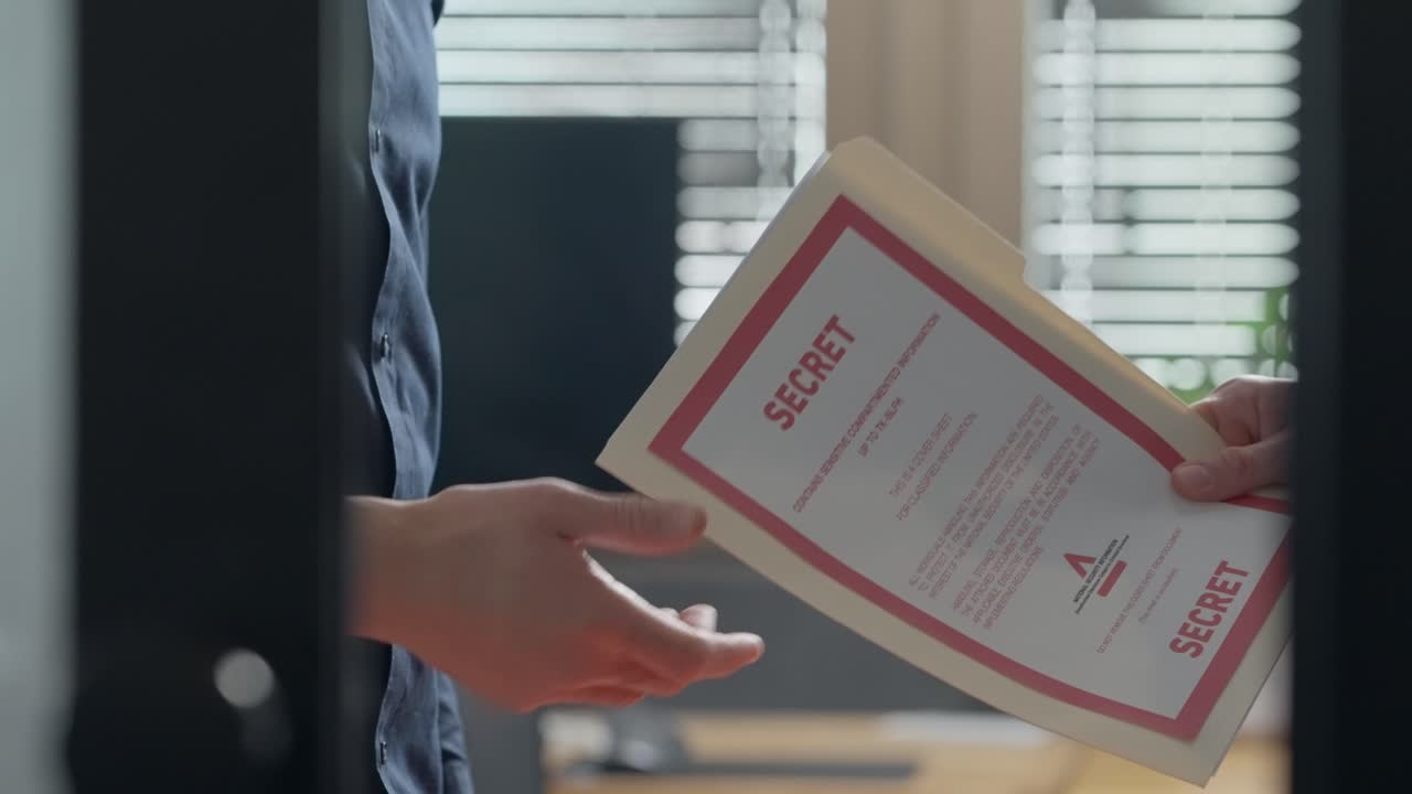 Discreetly handing a secret folder to another, . Sense of secrecy and tension. Confidential communication, warning, or covert. espionage, internal affairs, or classified exchanges.