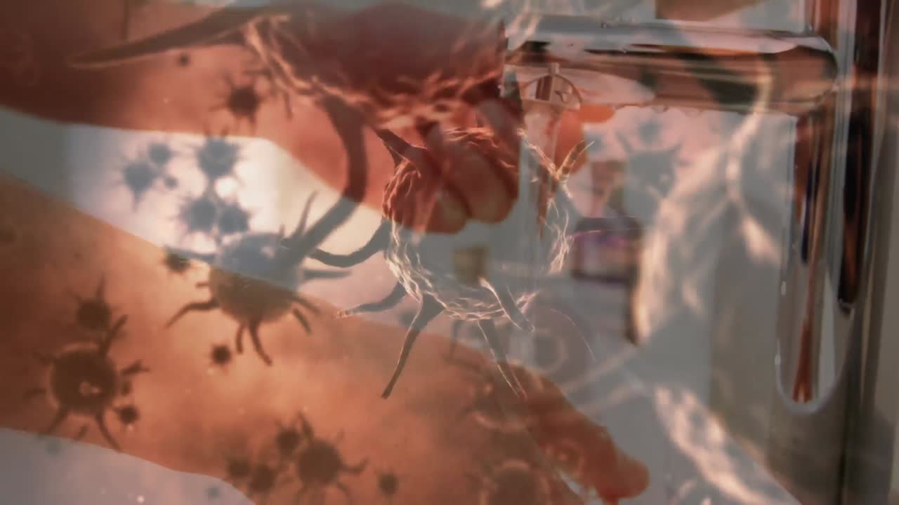 animación de células macro coronavirus covid-19 que se extienden sobre un hombre lavándose las manos