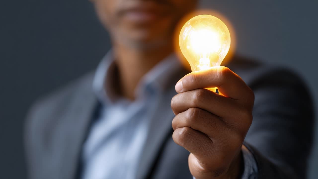 A man holding a lit light bulb symbolizes innovation and creativity, showcasing the bright idea that sparks imagination and illuminates the path to success