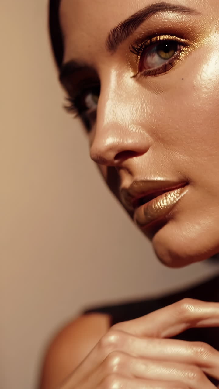 Donna affascinante con trucco dorato e unghie metalliche
