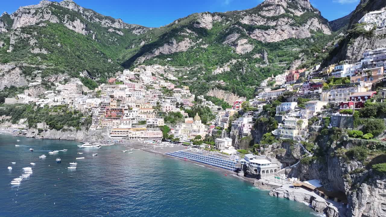 Amalfi Coast At Positano In Salerno Italy. Coastal City. Waterfront Landscape. Amalfi Coast At Positano In Salerno Italy. Beach Scenery. Medieval Buildings. Amalfi Coast Skyline
