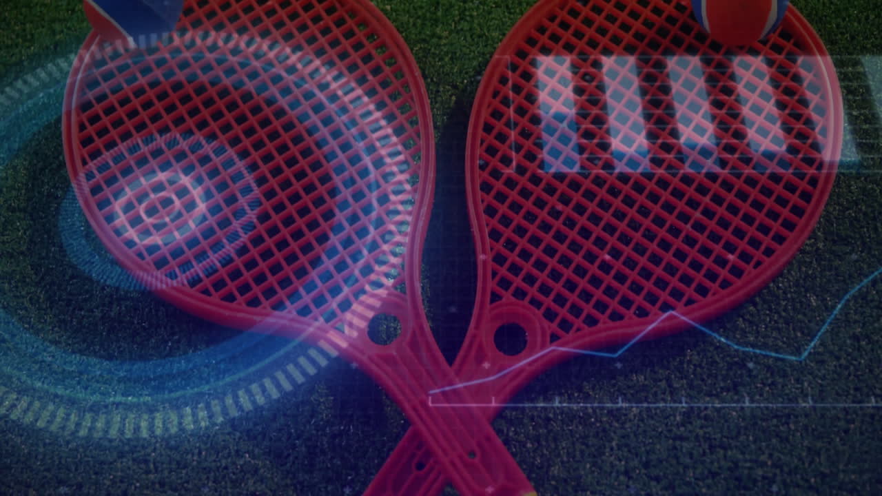 Red plastic rackets being animated in 3D on dark mat, featuring blue holographic analytics overlays