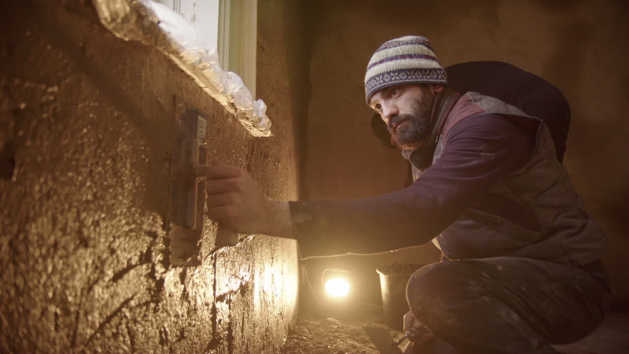Multicultural friends plastering with sustainable clay poo straw mix in house