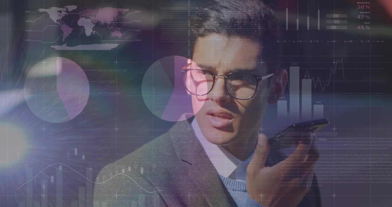Young Businessman Using Smartphone with Digital Data Overlay