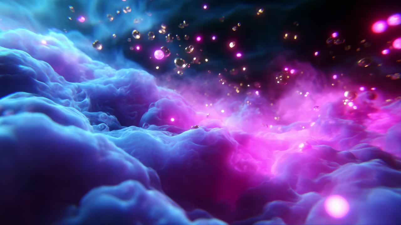 A Captivating Journey Through an Ethereal Cosmic Landscape, Featuring Vibrant Colors and Luminous Elements as They Intertwine with Wispy Clouds in a Mystical, Celestial Scene