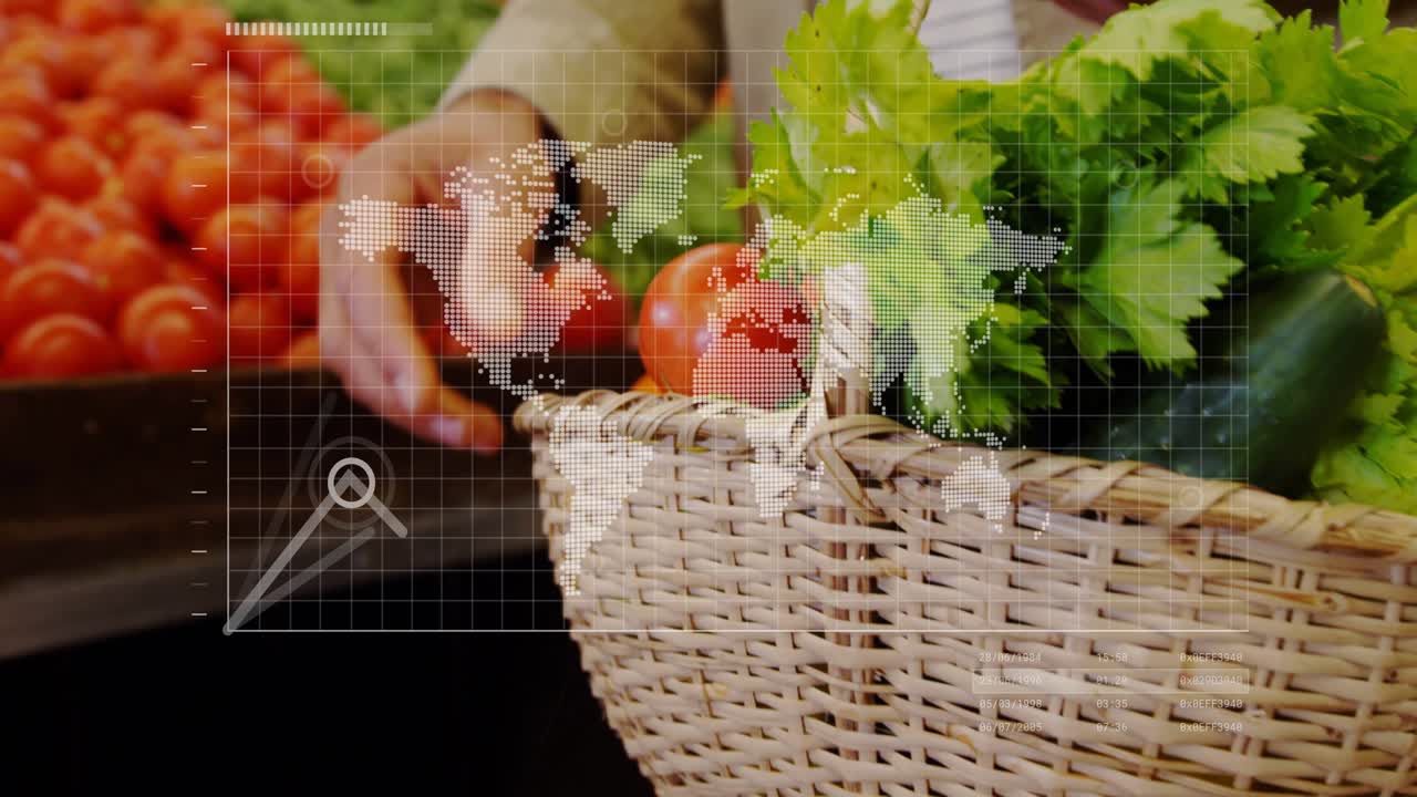 Male shopper reaching, picking, filling basket with tomatoes for retail HUD map and chart shifting