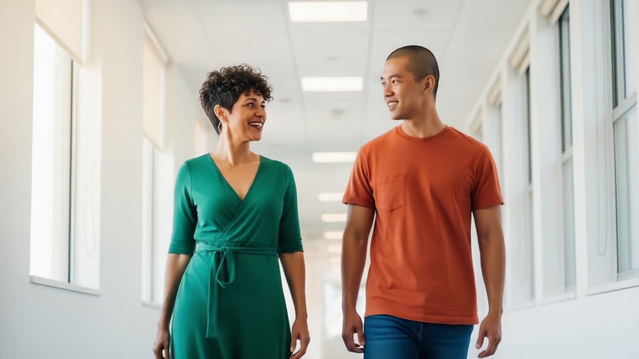 A Joyful Encounter: Two Friends Walk Together Through a Bright and Inviting Hallway, Engaging in Lively Conversation and Sharing Smiles