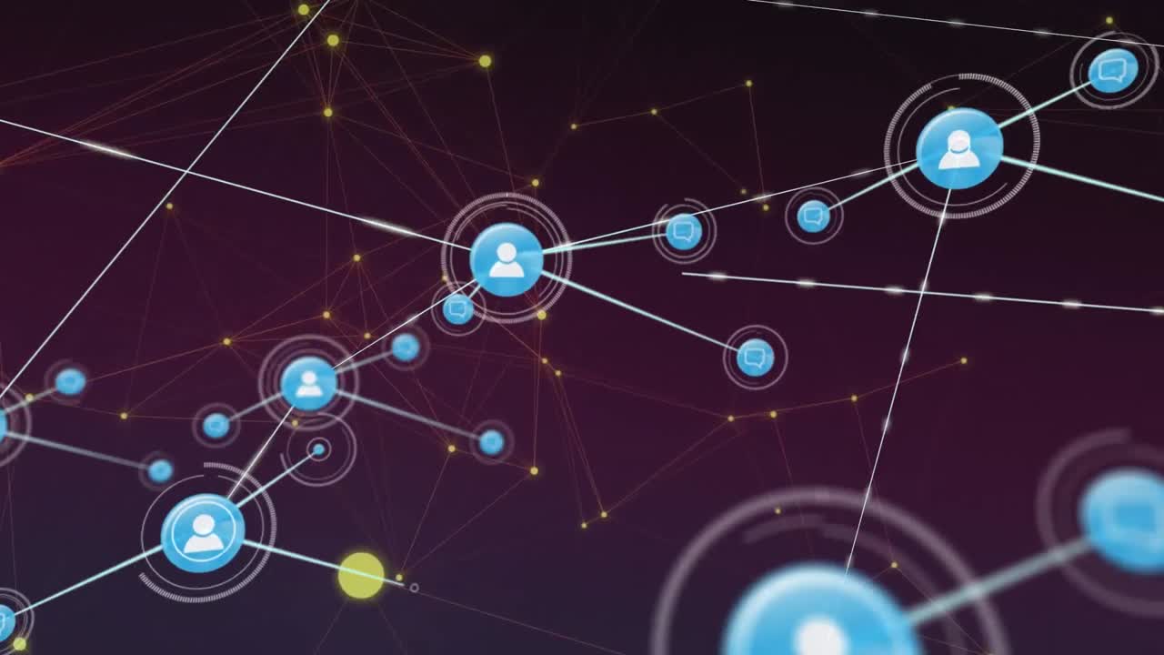 animación de la red de conexiones con iconos sobre fondo púrpura con constelaciones