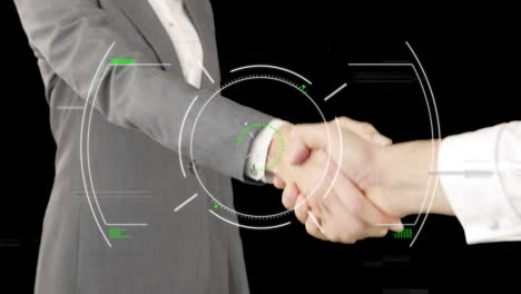 animation of scope scanning over businessman handshake