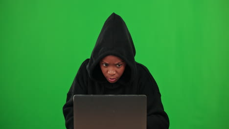 black woman, green screen or hacker typing