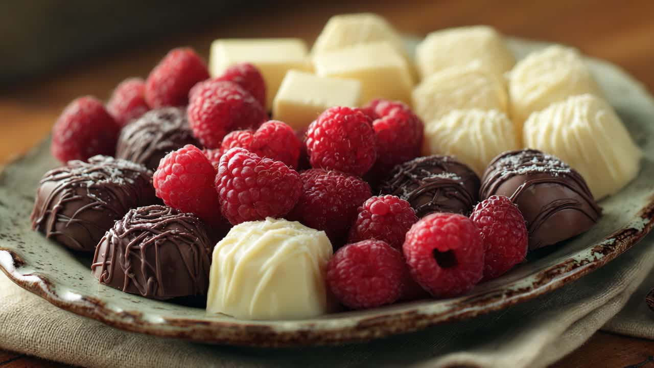 A Deliciously Elegant Display of Assorted Chocolate Truffles and Fresh Raspberries Presented on a Decorative Plate for an Indulgent Treat