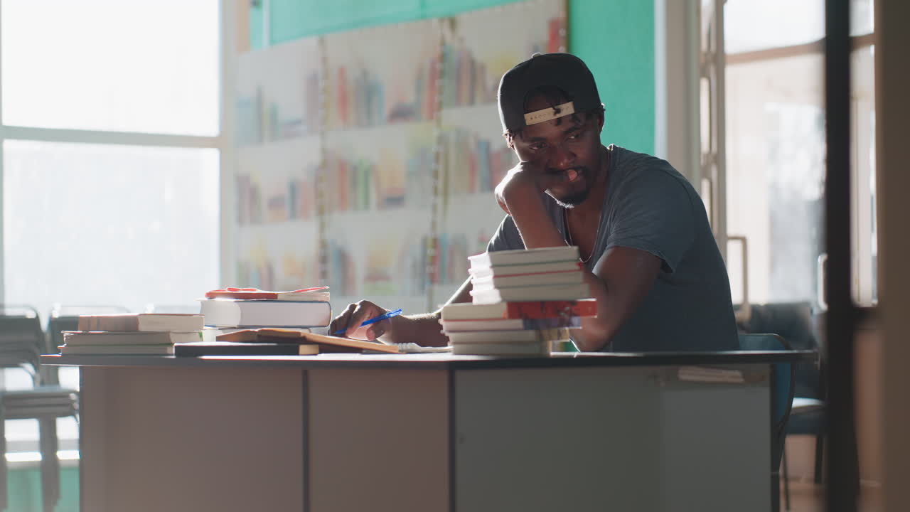 Young man wearing cap sits in library at table surrounded by books, studying and writing with pen while resting chin on hand and looking thoughtful, teal and orange walls and shelves behind