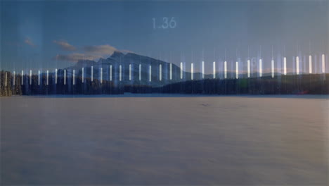 snow-covered landscape with mountain and vertical light bars animation over horizon
