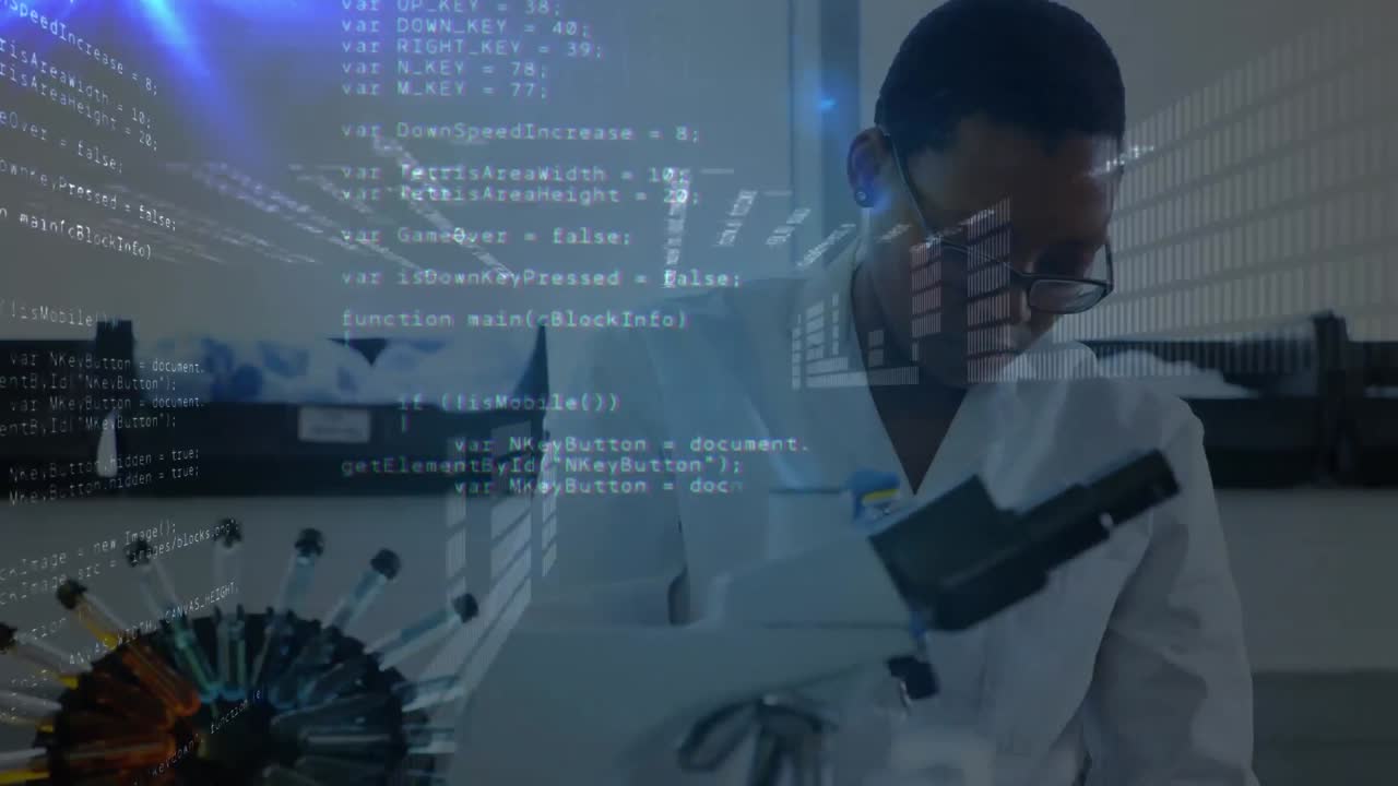 Animation of data processing over african american female scientist