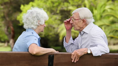 Pareja-De-Ancianos-Hablando-Tranquilamente-En-Un-Banco