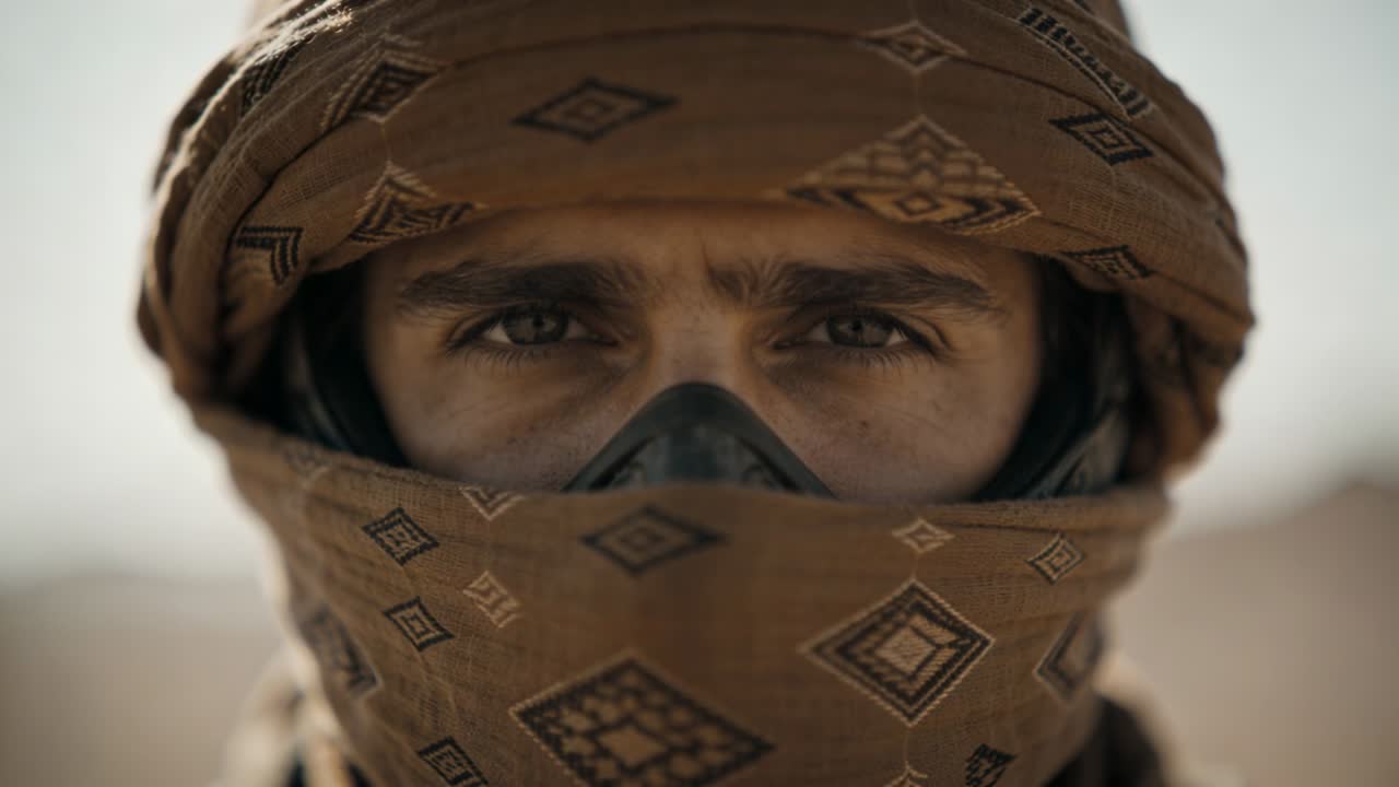 Telecamera in movimento, uomo adulto che fissa lo sguardo nel deserto, proteggendosi con una maschera respiratoria marrone e occhiali protettivi.