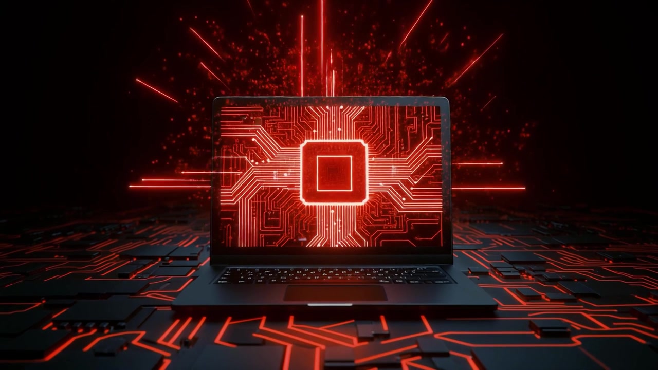 Laptop viser animation af glødende rødt digitalt printkort og processor