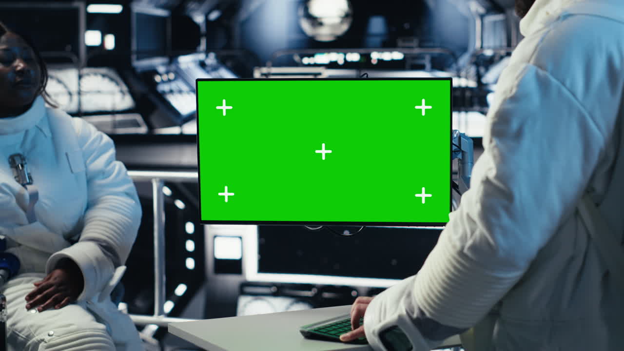 Astronaut monitoring diagnostics on green screen display, talking to colleague