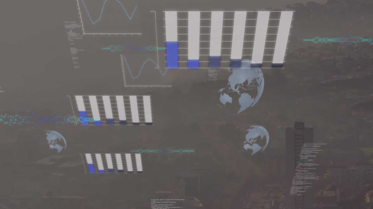 Animazione dell'elaborazione dati su una vista aerea del paesaggio urbano
