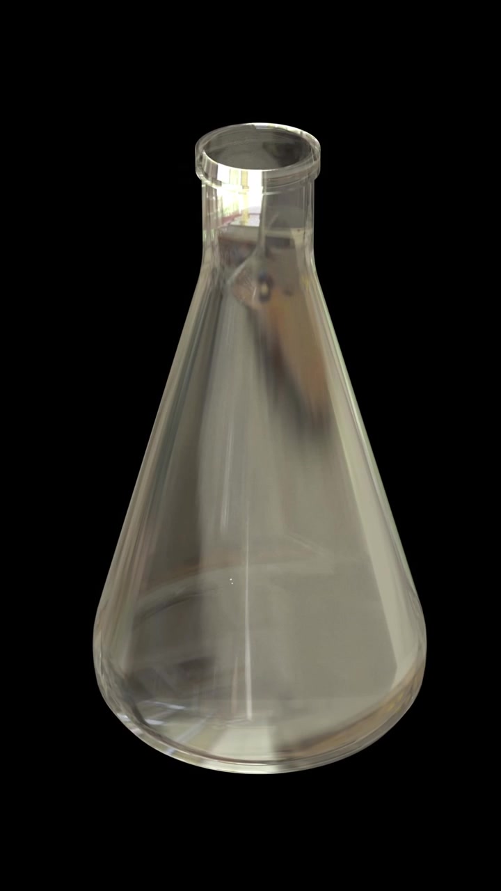 Animaatio laboratorion lasipullosta, joka pyörii mustalla taustalla.