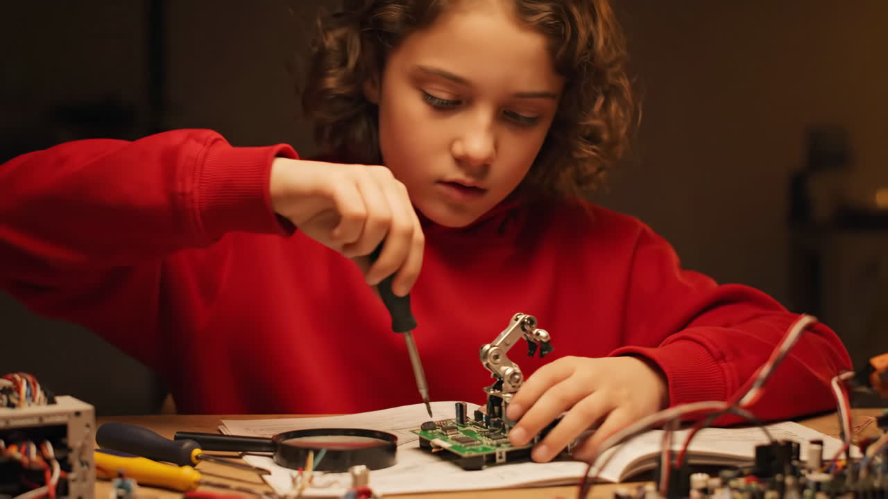 Girl exploring electronics with a magnifying glass