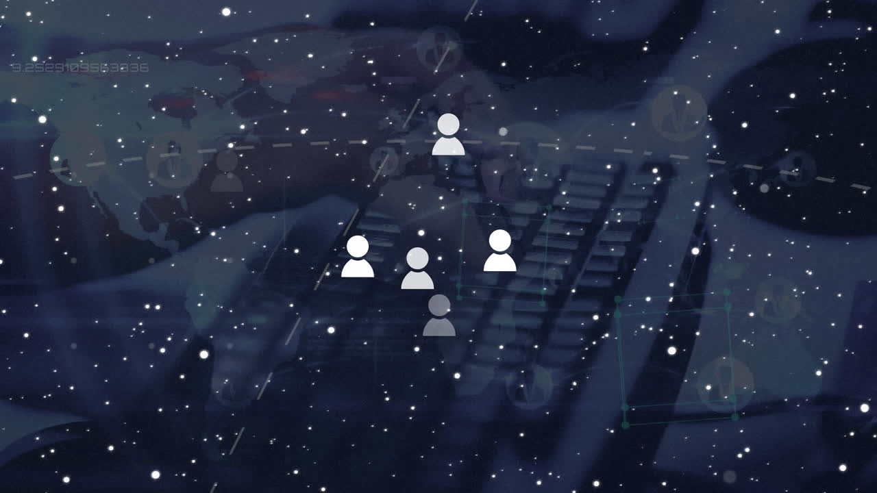 Animation of icons with spots and data processing over hands typing on keyboard