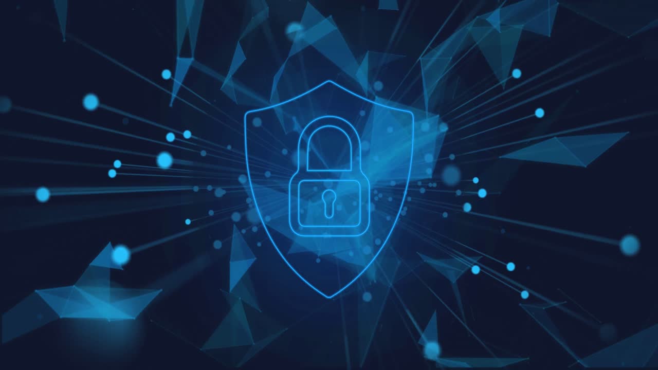 Animation of digital shield with padlock over navy background with shapes
