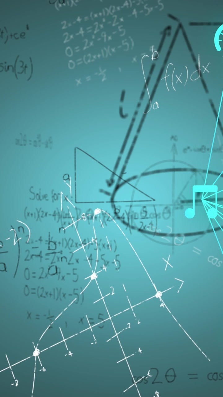 Animazione di icone connesse che formano globi su equazioni matematiche, diagrammi su sfondo blu