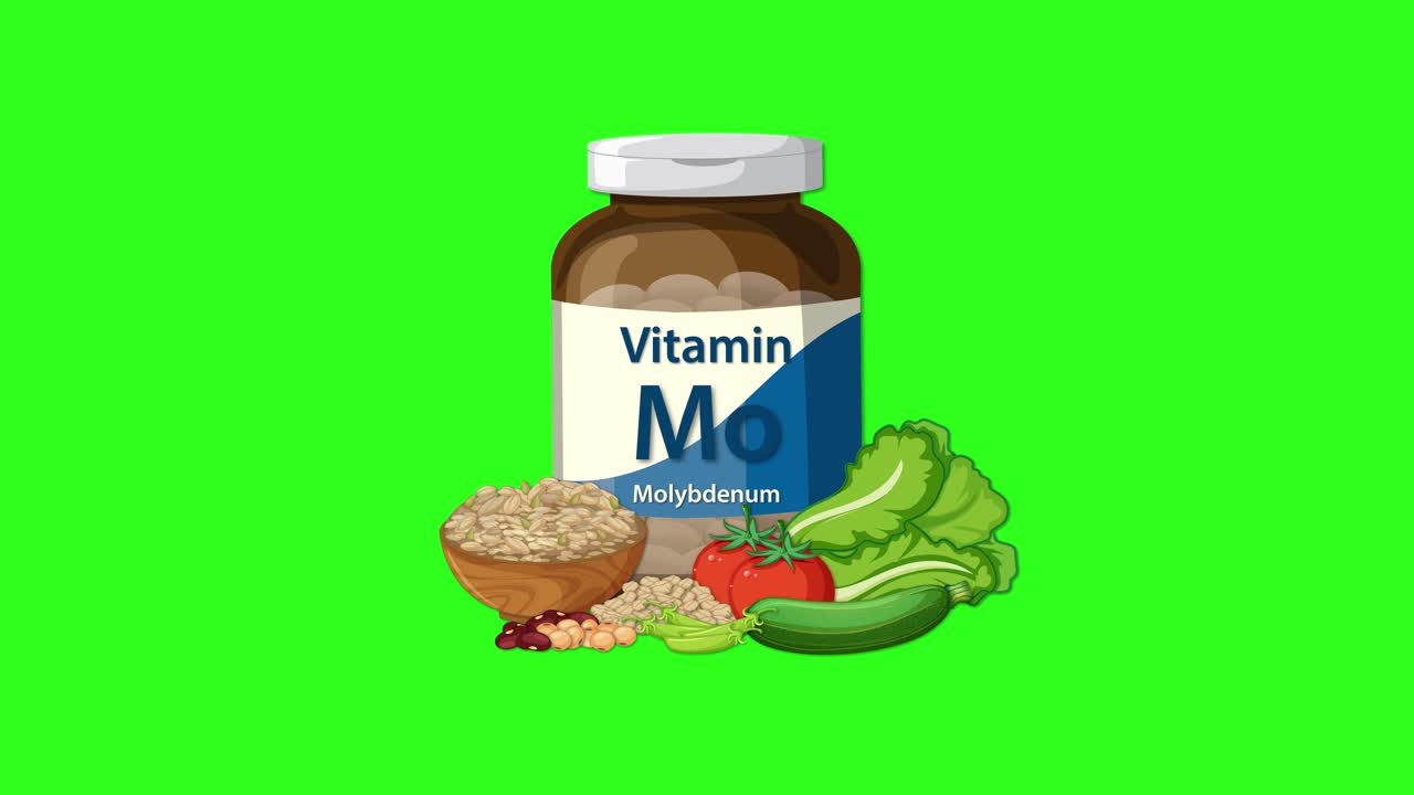 Supplement bottle and nutritious foods on vibrant green background, smooth animated transition, front view