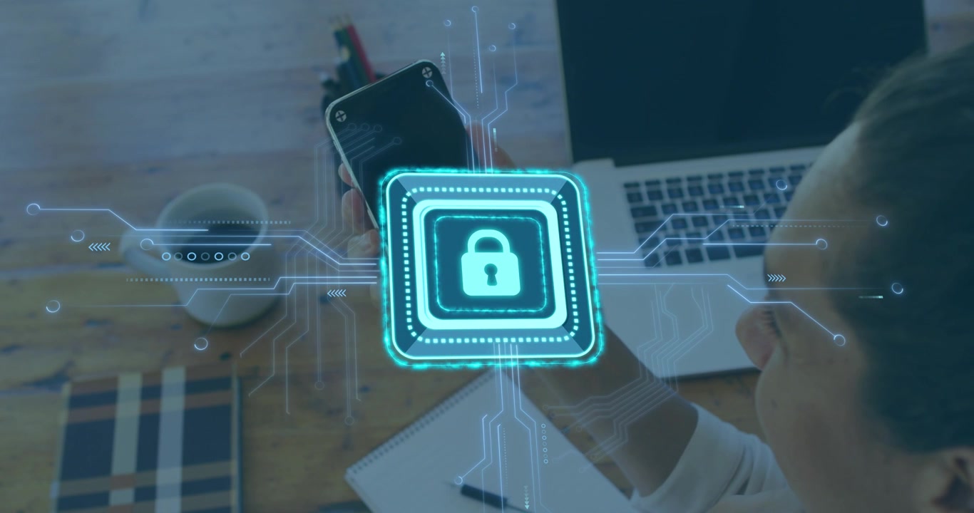 Woman lifting phone and angling to camera causing cyan lock overlay centering pulsing for security