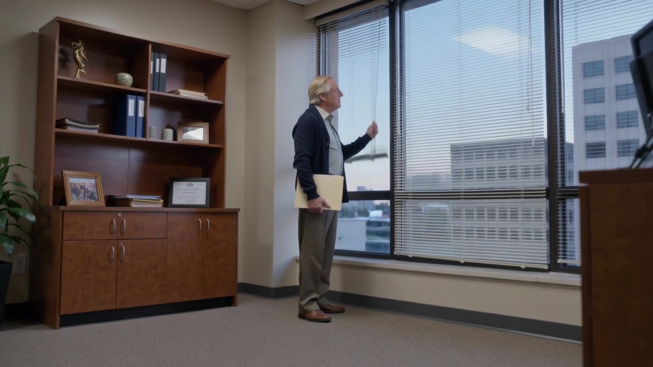 Homem entrando no escritório, caminhando até a janela, segurando uma pasta, ajustando as persianas, de blazer e gravata, observando a cidade