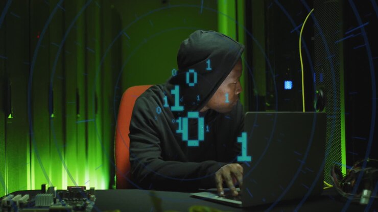 Animazione di codice binario su un hacker afroamericano con computer e server di computer