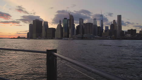 gimbal shot of lower manhattan waterfront at sunset