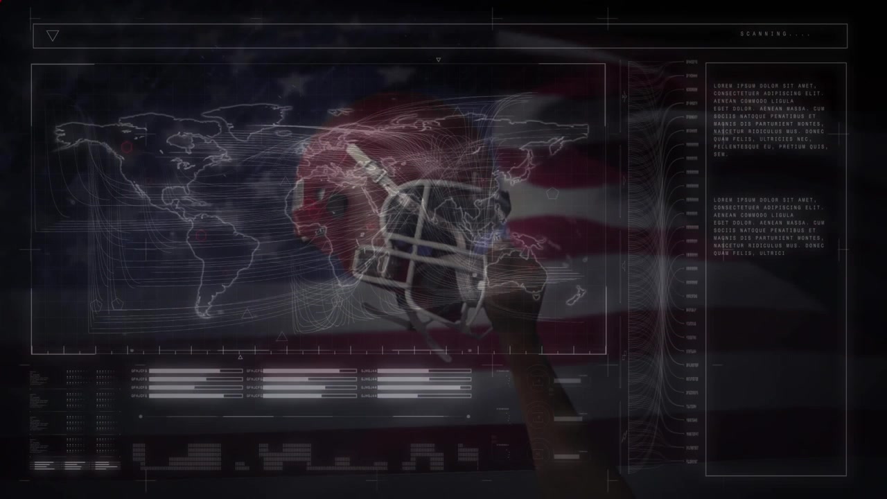 Animation of interface with data processing against male rugby player wearing a helmet
