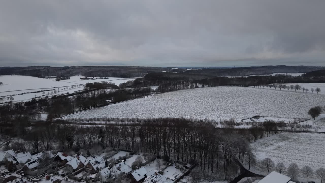 Paesaggio invernale negli Stati Uniti, che mostra campi innevati, margini della foresta e una tranquilla area residenziale sotto un cielo grigio nuvoloso. Ampia ripresa aerea frontale. Scena naturalistica rilassante negli Stati Uniti.