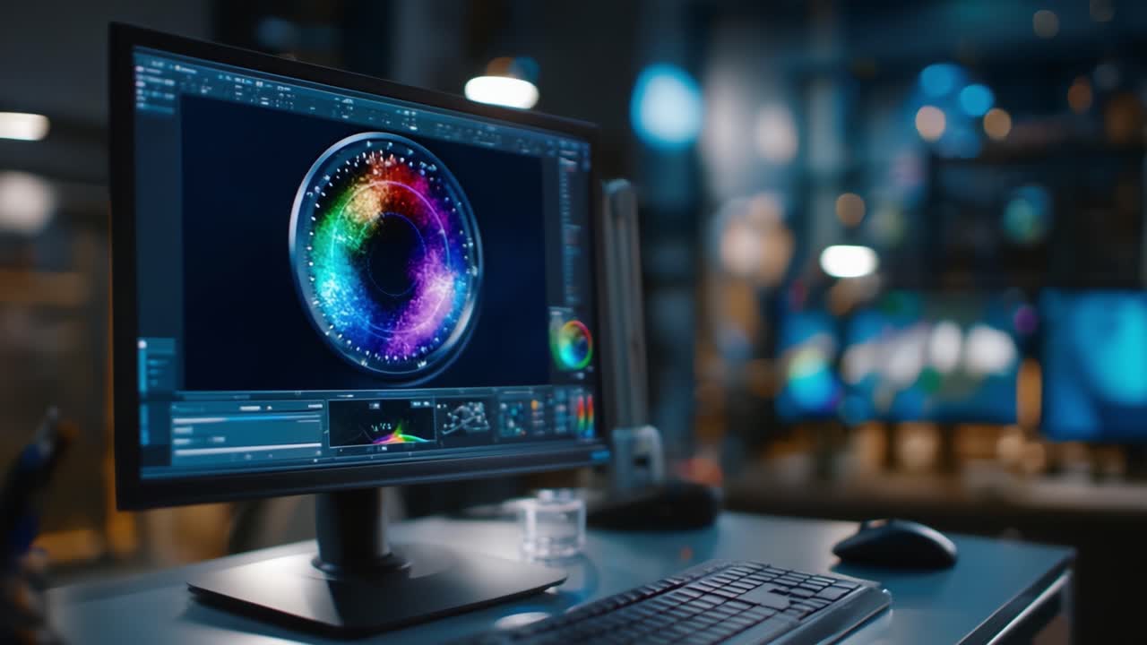Colorful Digital Interface Displaying Vibrant Data Visualizations on a Modern Computer Screen in a Stylish Tech Environment with Enhanced Lighting Effects