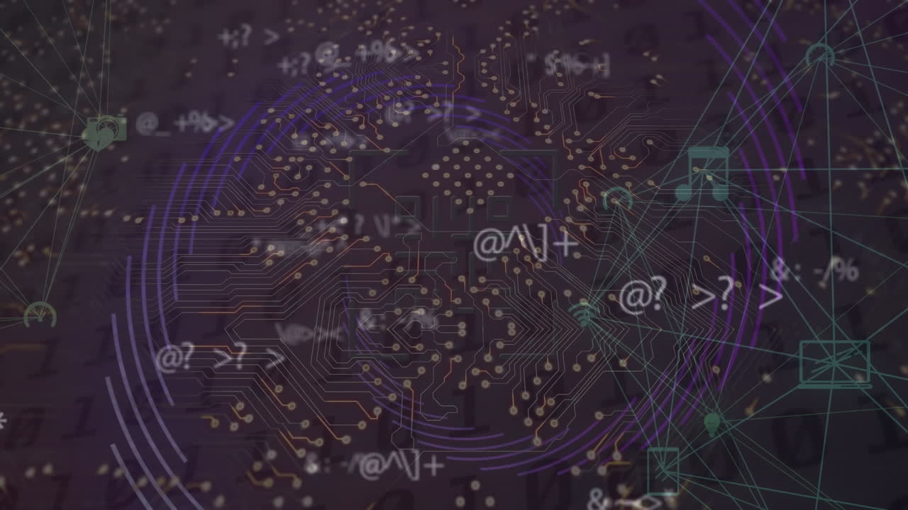 Animation of qr code, multiple symbols, connected icons and fingerprints over circuit board