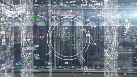 animación de una interfaz infográfica digital con círculos móviles, datos y puntos interconectados