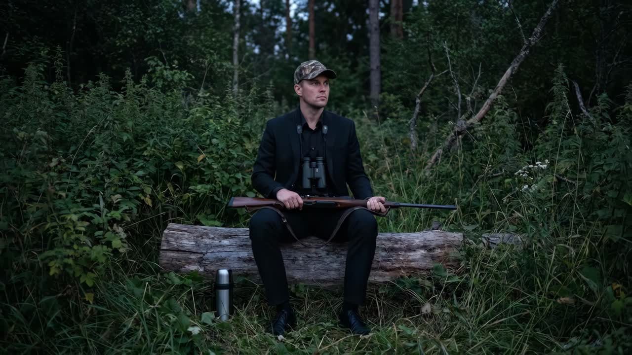 Mand med camouflagekasket sidder på træstamme med riffel i skoven