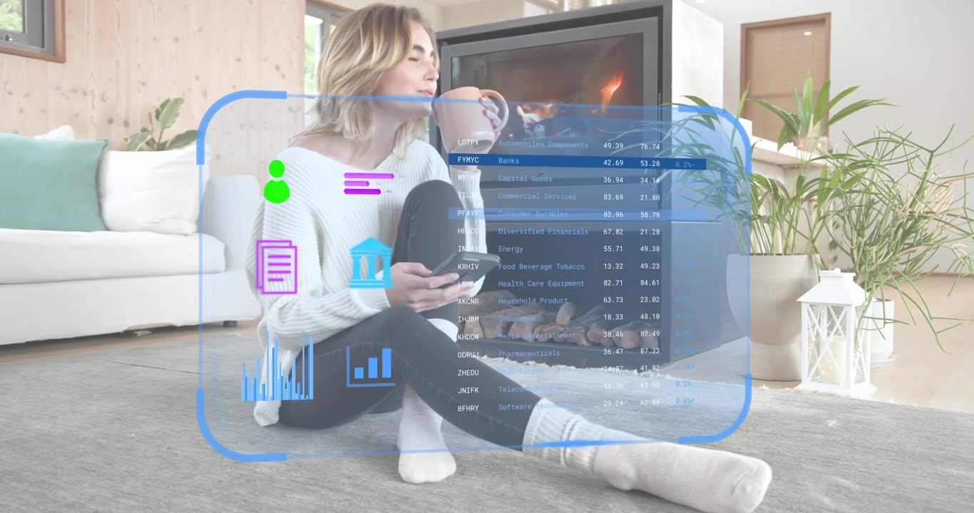 Woman sipping mug and scrolling smartphone screen by fireplace, generating animated finance charts