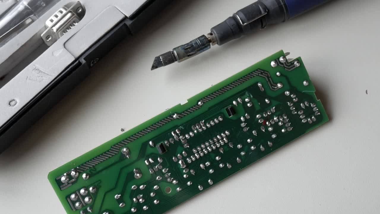Close-up of a green circuit board with components and soldering work in progress