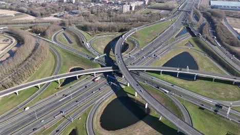 complex multi layerd traffic intersection highway. aerial drone view.