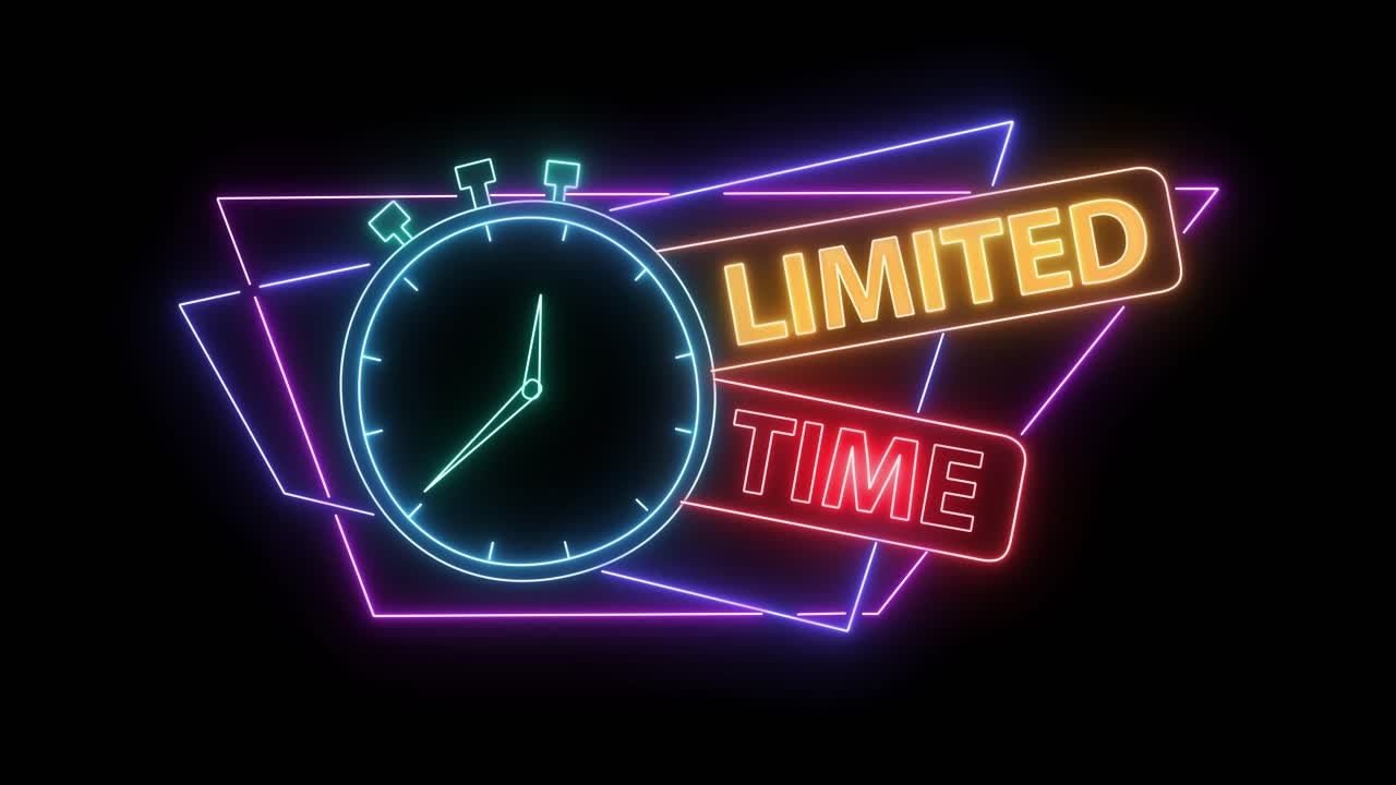 Vibrant neon sign with ticking stopwatch and limited time text glows against black background