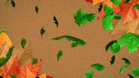 Animation-of-multiple-autumn-leaves-falling-on-brown-background