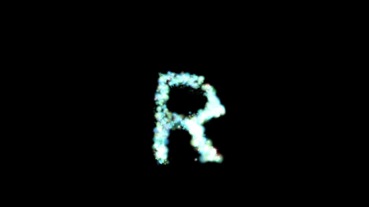 Particella blu luminosa lettera R su sfondo trasparente