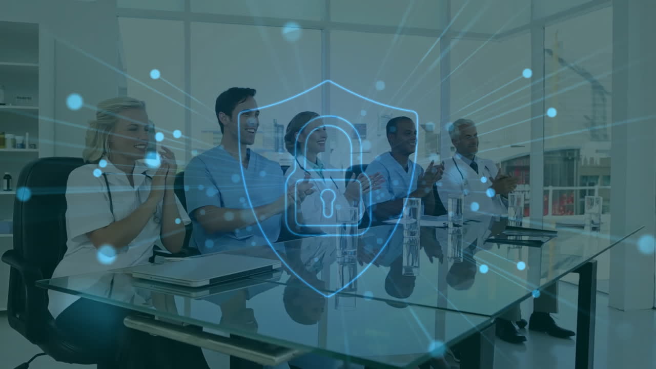 Animation of padlock icon over diverse doctors at meeting in hospital