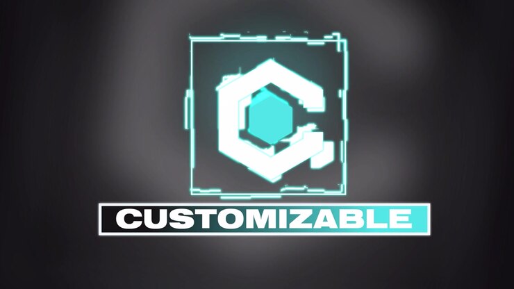 Animazione di rivelazione logo con effetto glitch digitale e testo personalizzabile