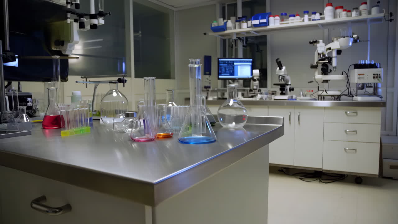 Scientific Laboratory with Colorful Liquids in Glassware