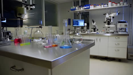 scientific laboratory with colorful liquids in glassware